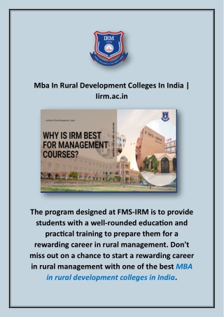 Mba In Rural Development Colleges In India | Iirm.ac.in