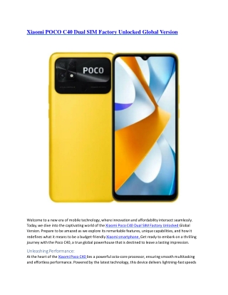 Xiaomi POCO C40 Dual SIM Factory Unlocked Global Version