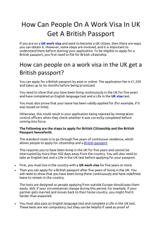 How Can People On A Work Visa In UK Get A British Passport ?