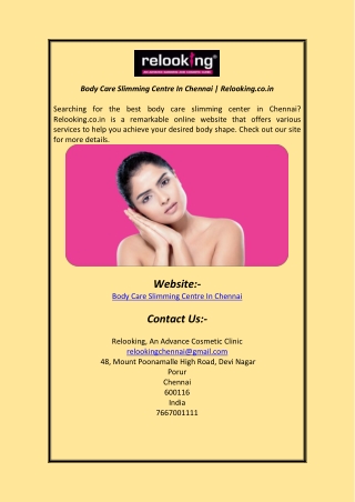 Body Care Slimming Centre In Chennai Relooking co in