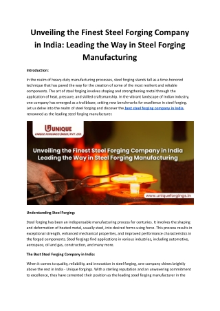 Unveiling the Finest Steel Forging Company in India Leading the Way in Steel Forging Manufacturing