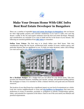 Make Your Dream Home With GRC Infra Best Real Estate Developer in Bangalore