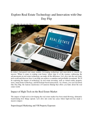 Explore Real Estate Technology and Innovation with One Day Flip