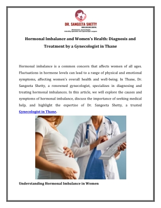 Hormonal Imbalance and Women's Health Diagnosis and Treatment by a Gynecologist in Thane