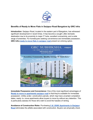 Benefits of Ready to Move Flats in Sarjapur Road Bangalore by GRC Infra