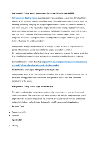 Nutrigenomics Testing Market Segmentation Details with Financial Facts by 2029