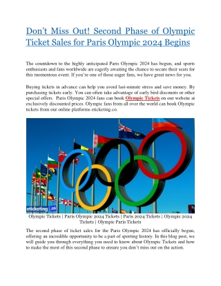 Don't Miss Out! Second Phase of Olympic Ticket Sales for Paris Olympic 2024 Begins