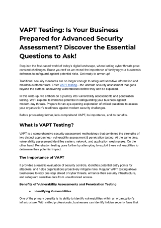 VAPT Testing: Is Your Business Prepared for Advanced Security Assessment?