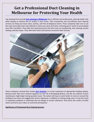 Get a Professional Duct Cleaning in Melbourne for Protecting Your Health