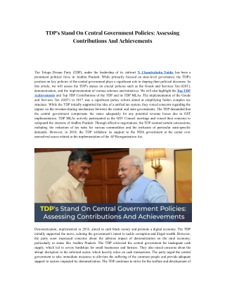 TDP's Stand On Central Government Policies Assessing Contributions And Achievements