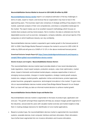 Neurorehabilitation Devices Market to Account to USD 4,040.18 million by 2028