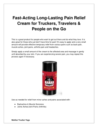 Fast-Acting Long-Lasting Pain Relief Cream for Truckers, Travelers & People on t