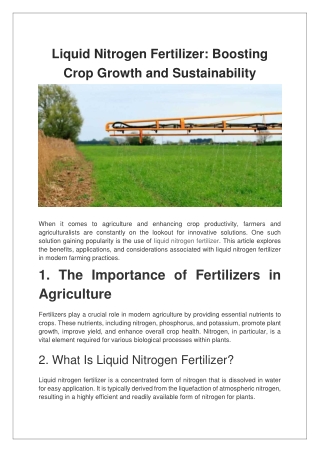 Liquid Nitrogen Fertilizer Boosting Crop Growth and Sustainability