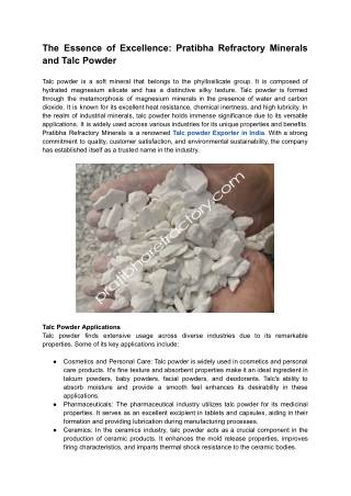 The Essence of Excellence: Pratibha Refractory Minerals and Talc Powder
