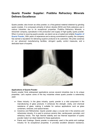 Quartz Powder Supplier: Pratibha Refractory Minerals Delivers Excellence
