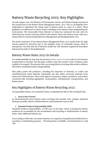 Battery Waste Rules, 2023 Key Highlights