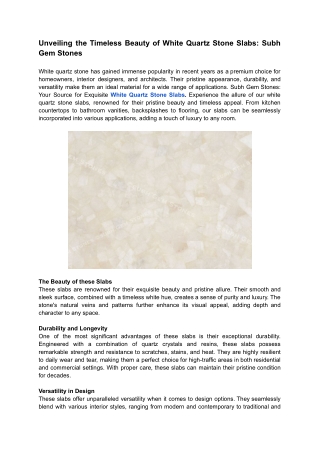 Unveiling the Timeless Beauty of White Quartz Stone Slabs: Subh Gem Stones