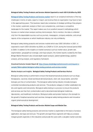 Biological Safety Testing Products and Services Market Expected to reach USD 9.26 billion by 2029