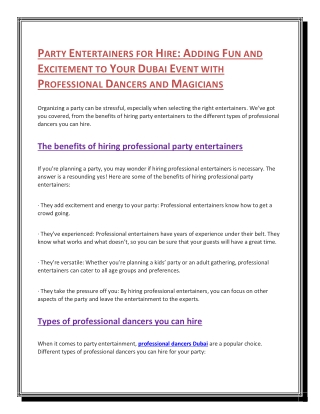 PARTY ENTERTAINERS FOR HIRE: ADDING FUN AND EXCITEMENT TO YOUR DUBAI EVENT WITH