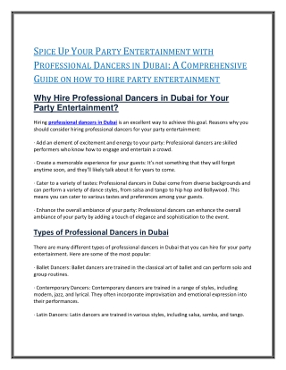 SPICE UP YOUR PARTY ENTERTAINMENT WITH PROFESSIONAL DANCERS IN DUBAI: A COMPREHE