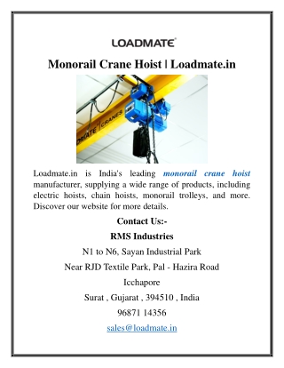 Monorail Crane Hoist  Loadmate.in