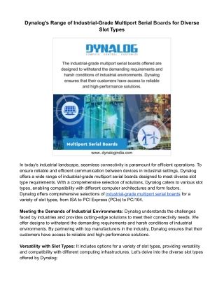 Dynalog's Range of Industrial-Grade Multiport Serial Boards