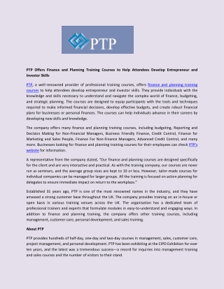 PTP Offers Finance and Planning Training Courses to Help Attendees Develop Entrepreneur and Investor Skills