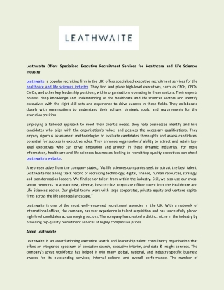 Leathwaite Offers Specialised Executive Recruitment Services for Healthcare and Life Sciences Industry