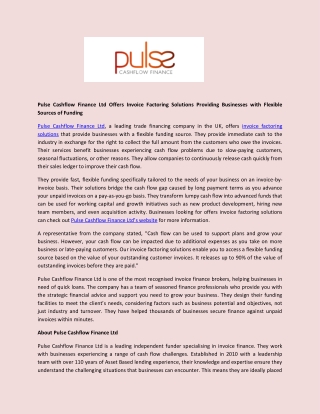 Pulse Cashflow Finance Ltd Offers Invoice Factoring Solutions Providing Businesses with Flexible Sources of Funding