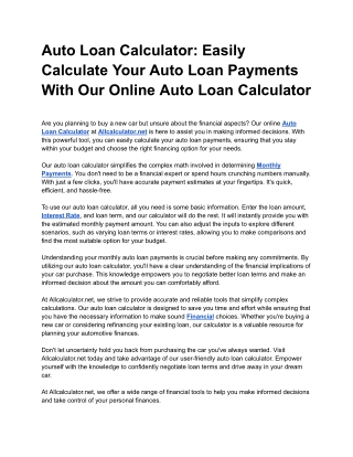 Auto Loan Calculator: Easily Calculate Your Auto Loan Payments With Our Online A