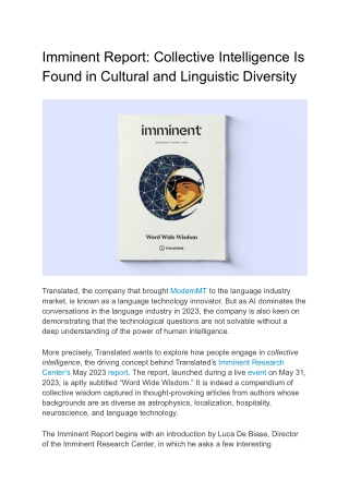 Imminent Report: Collective Intelligence Is Found in Cultural and Linguistic Div