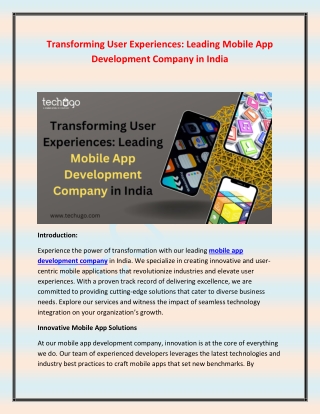 Transforming User Experiences Leading Mobile App Development Company in India