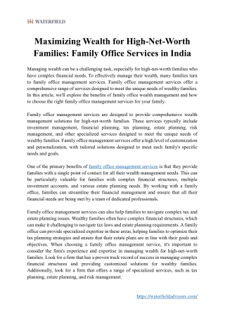 Maximizing Wealth for High-Net-Worth Families Family Office Services in India