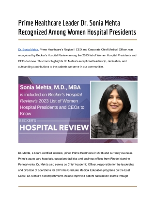 Prime Healthcare Leader Dr. Sonia Mehta Recognized Among Women Hospital Presidents