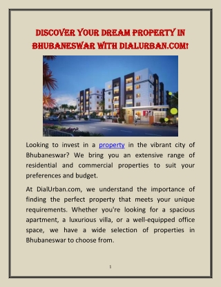 Discover Your Dream Property in Bhubaneswar with DialUrban.com!