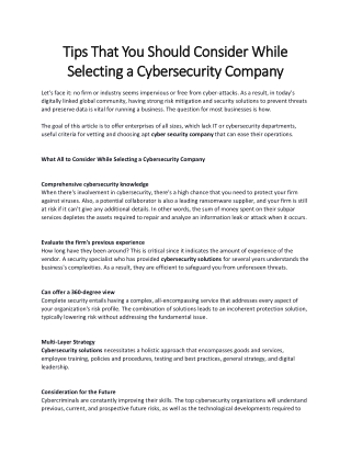 Tips That You Should Consider While Selecting a CyberSecurity Company