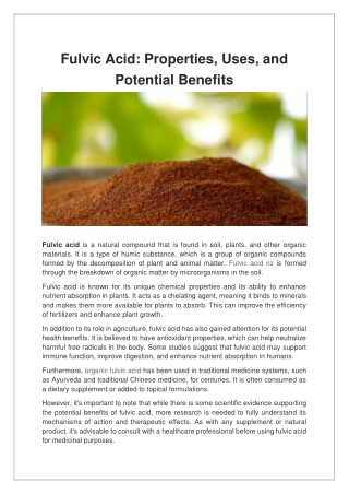 Fulvic Acid Properties, Uses, and Potential Benefits