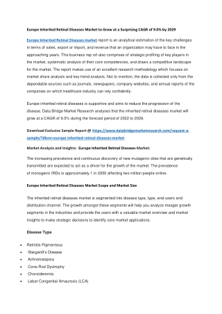 Europe Inherited Retinal Diseases Market to Grow at a Surprising CAGR of 9.0 by 2029