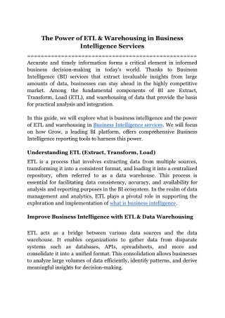 The Power of ETL & Warehousing in Business Intelligence Services