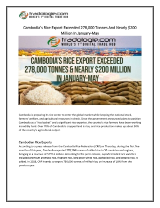 Cambodia's Rice Export Exceeded 278,000 Tonnes And Nearly $200 Million In January-May