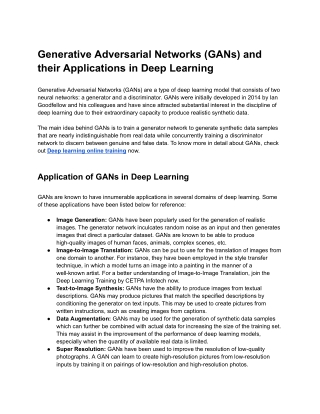 Generative Adversarial Networks (GANs) and their Applications in Deep Learning