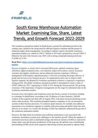 South Korea Warehouse Automation Market Examining Size, Share, Latest Trends, and Growth Forecast 2022-2029