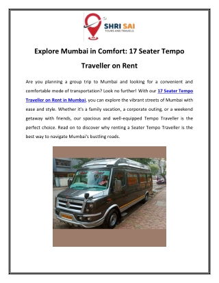 Explore Mumbai in Comfort 17 Seater Tempo Traveller on Rent