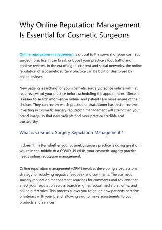 Why Online Reputation Management Is Essential For Cosmetic Surgeons