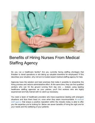 Unlocking the Benefits of Employing Nurses from a Medical Staffing Agency