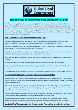 Essential Tips For Swimming Pool Maintenance Dubai