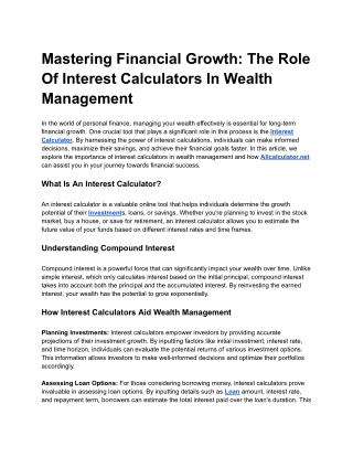 Mastering Financial Growth: The Role Of Interest Calculators In Wealth Managemen