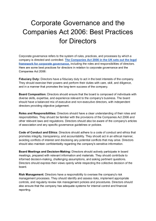 Corporate Governance and the Companies Act 2006: Best Practices for Directors