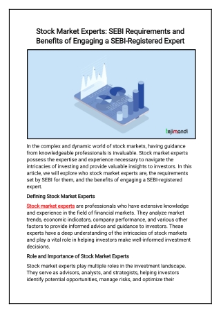 Stock Market Experts SEBI Requirements and Benefits of Engaging a SEBI-Registered Expert