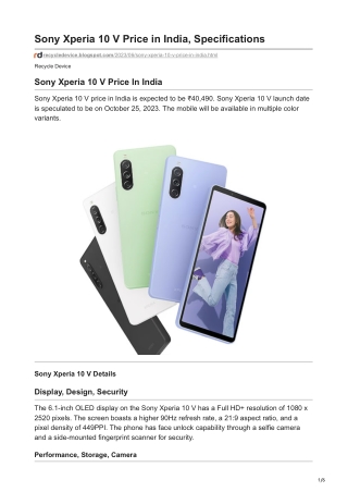 Sony Xperia 10 V Price in India, Specifications